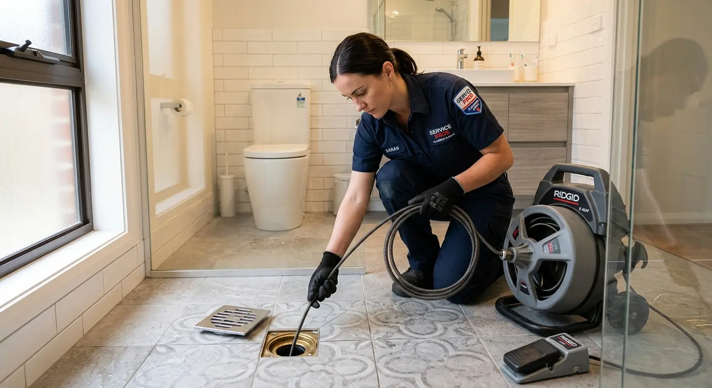 Technician clearing a bathroom floor drain for Drain Repair in Douglas